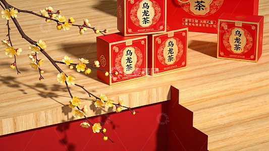 乌龙茶礼盒与梅花枝展示