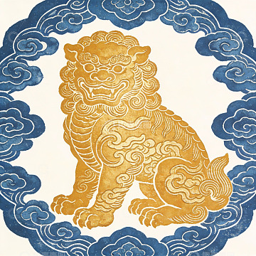 金色瑞兽环绕蓝色祥云图案
