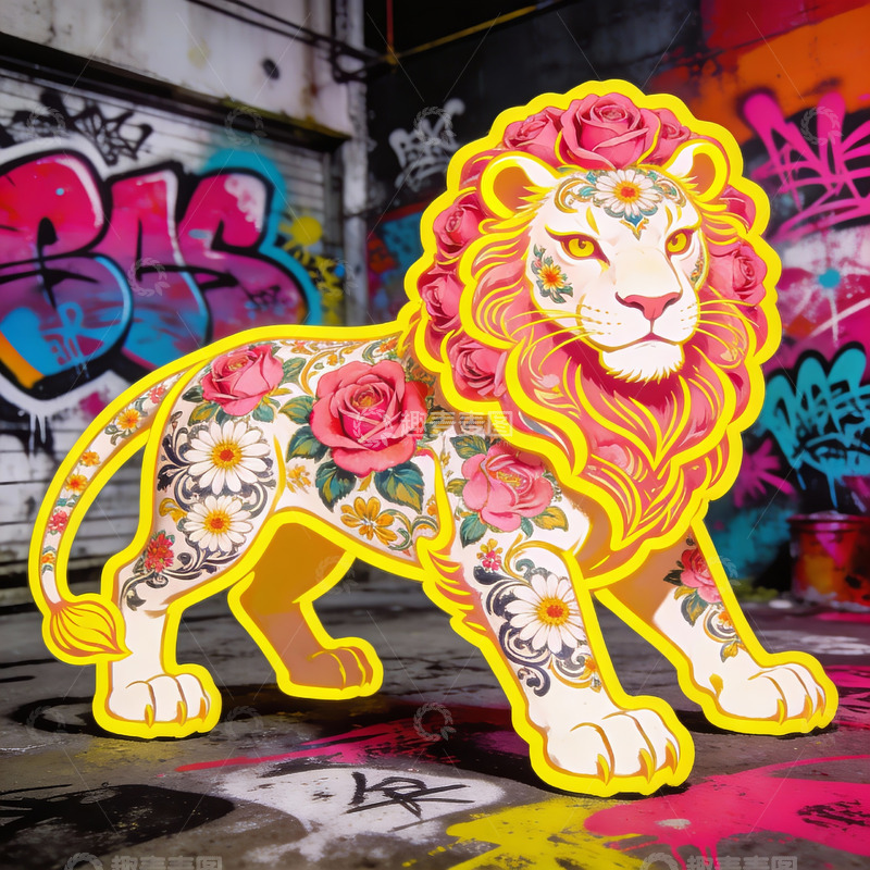 高清大图下载【趣麦麦图】街头艺术涂鸦狮子雕像
