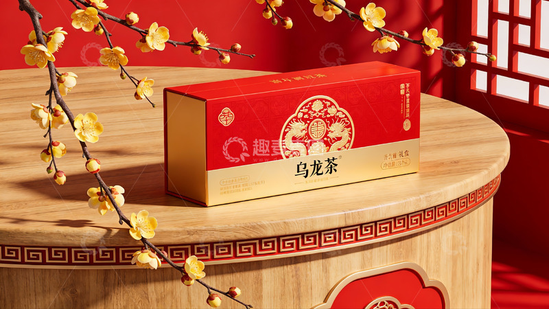 高清大图下载【趣麦麦图】乌龙茶礼盒置于木质圆桌