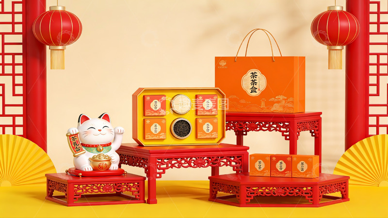 高清大图下载【趣麦麦图】中式节日礼盒与招财猫摆件