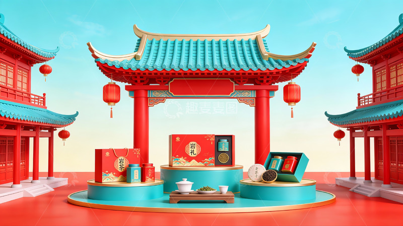 高清大图下载【趣麦麦图】传统建筑前的节日礼盒展示