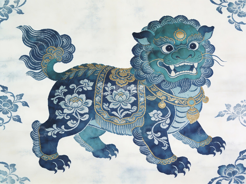 高清大图下载【趣麦麦图】蓝色绣狮图腾艺术作品