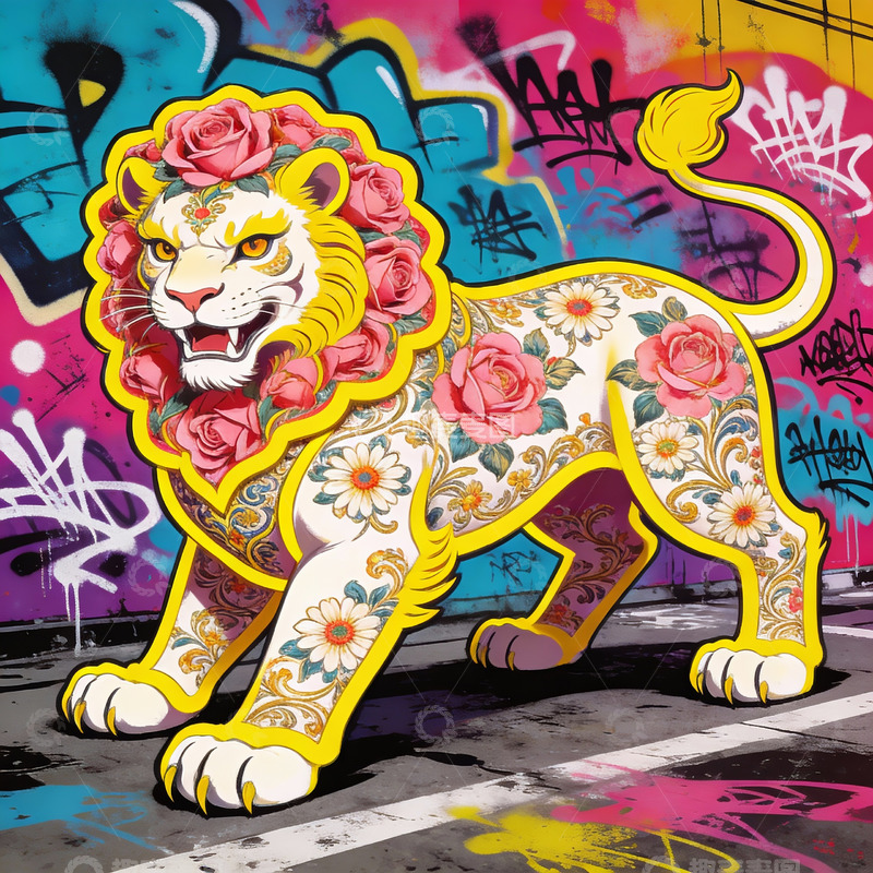 高清大图下载【趣麦麦图】色彩斑斓的涂鸦狮子艺术作品
