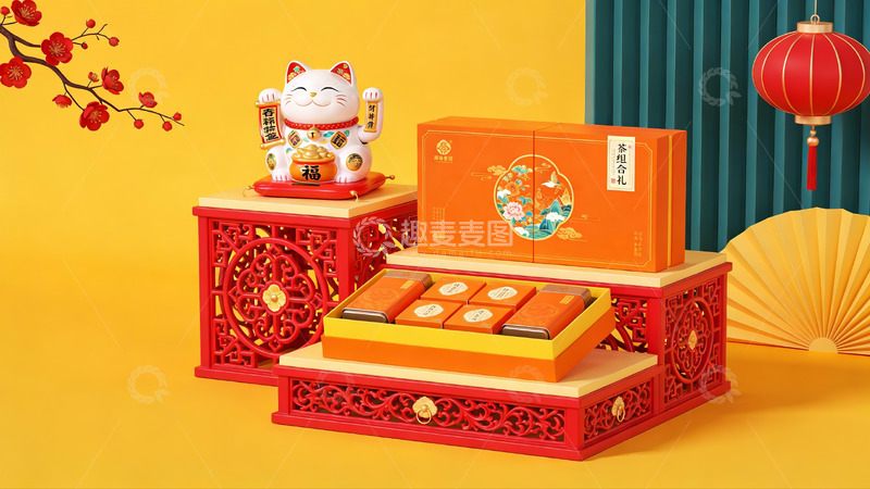 高清大图下载【趣麦麦图】春节主题礼盒与招财猫摆件
