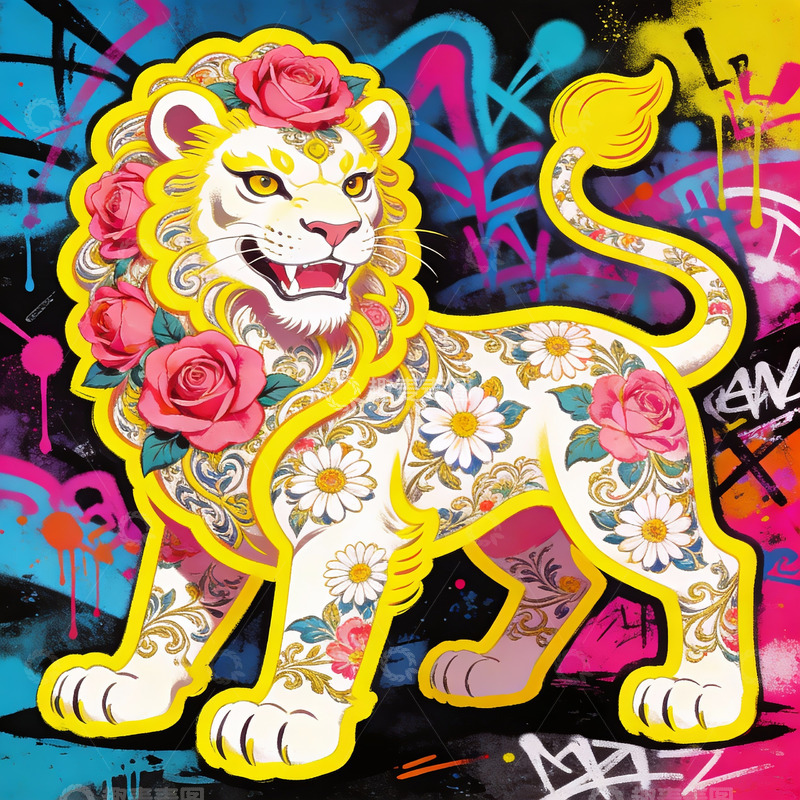 高清大图下载【趣麦麦图】色彩斑斓的花卉狮子艺术插画