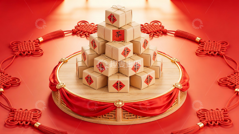 高清大图下载【趣麦麦图】红色主题茶礼堆叠展示