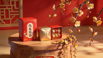 乌龙茶礼盒与梅花装饰