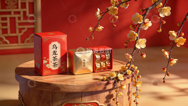 乌龙茶礼盒与梅花装饰