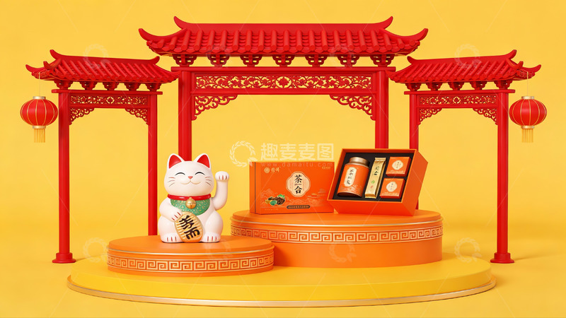 高清大图下载【趣麦麦图】招财猫与中式礼盒展示