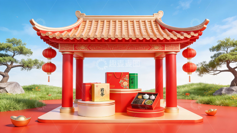 高清大图下载【趣麦麦图】传统亭台与节日礼盒展示