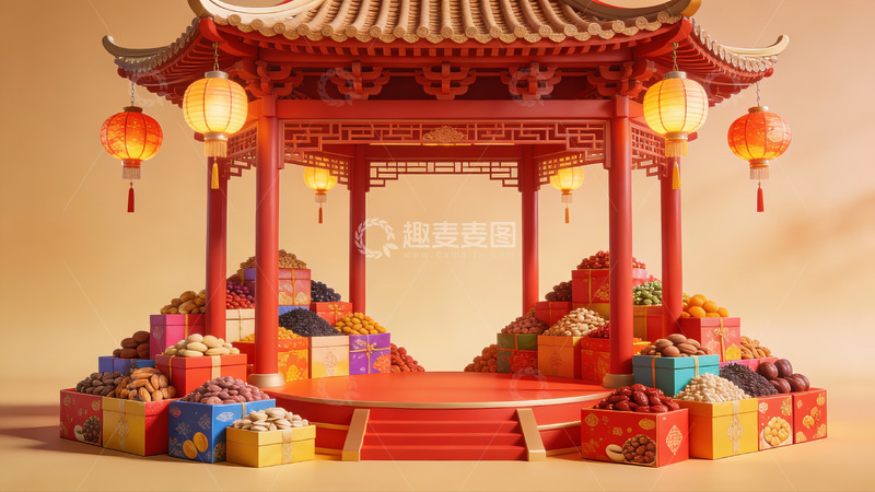 高清大图下载【趣麦麦图】中式亭台与节日礼品陈列