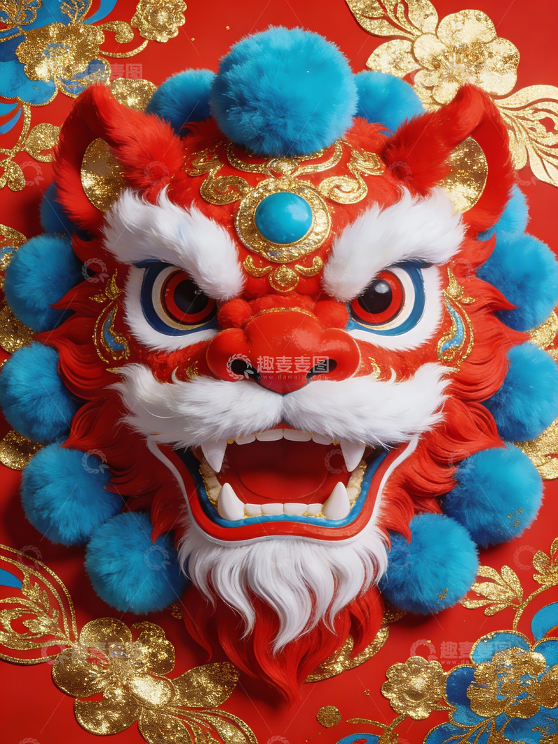 高清大图下载【趣麦麦图】色彩鲜艳的舞狮头面具特写