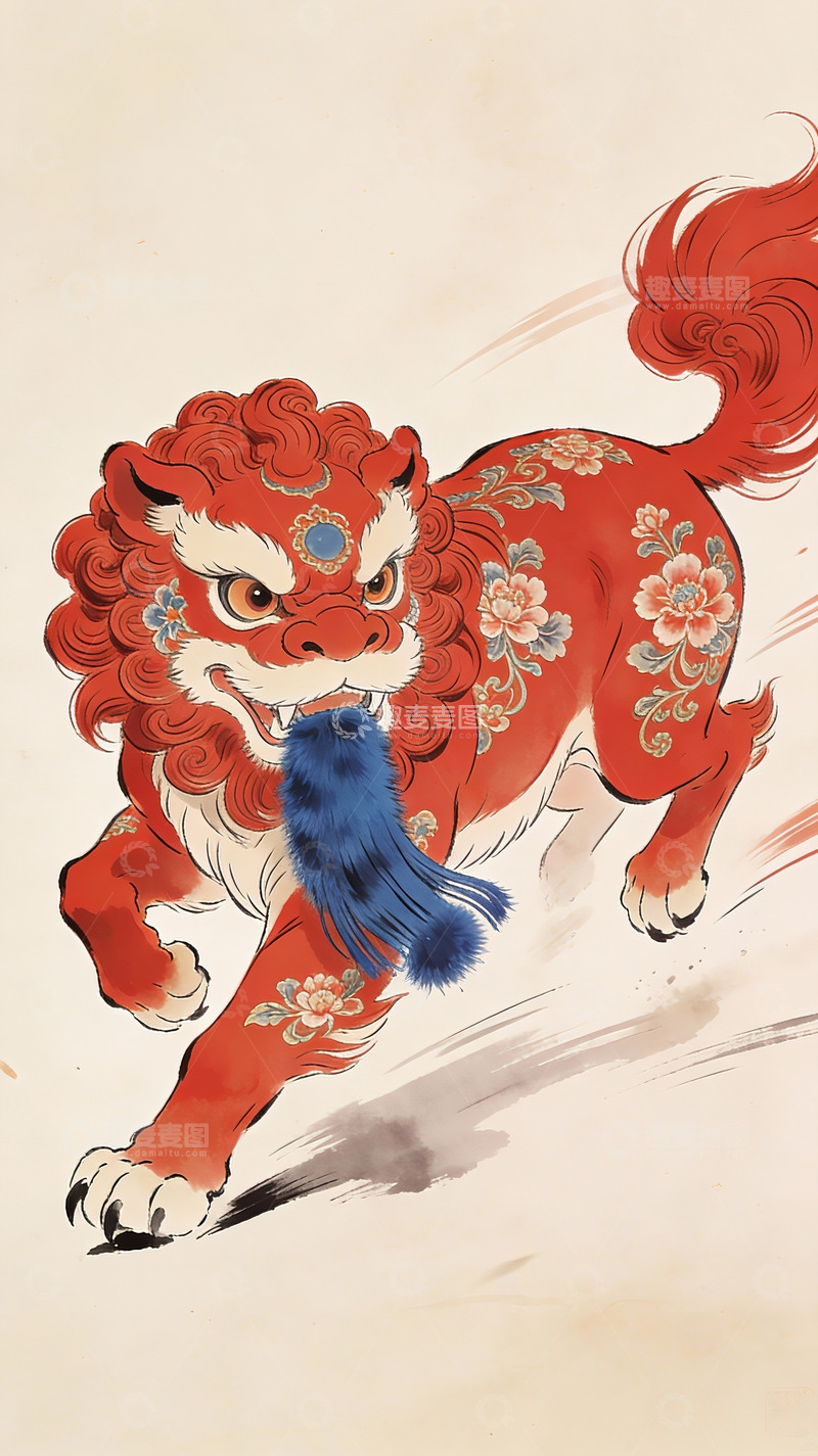 高清大图下载【趣麦麦图】红色瑞兽舞狮图案艺术画