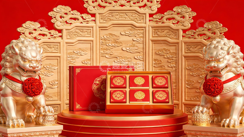 高清大图下载【趣麦麦图】中式礼盒与石狮装饰展示