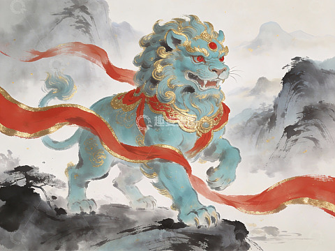 蓝色瑞兽携红绸山水画