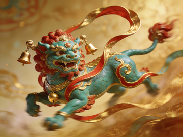 蓝色神兽飞舞金色飘带
