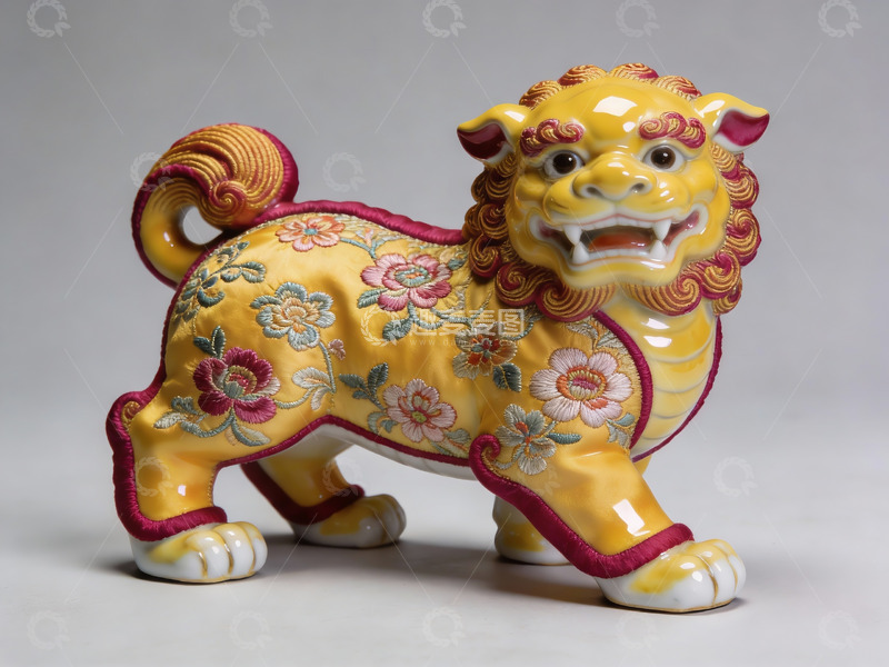 高清大图下载【趣麦麦图】黄色绣花狮子摆件