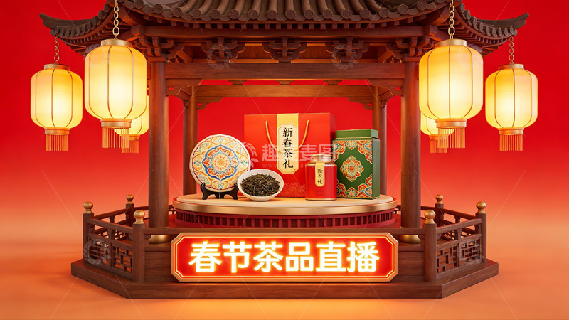 高清大图下载【趣麦麦图】春节茶品直播场景展示