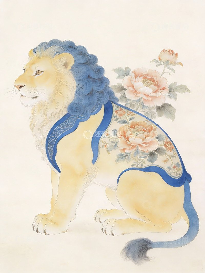 高清大图下载【趣麦麦图】华丽狮子与花卉装饰画