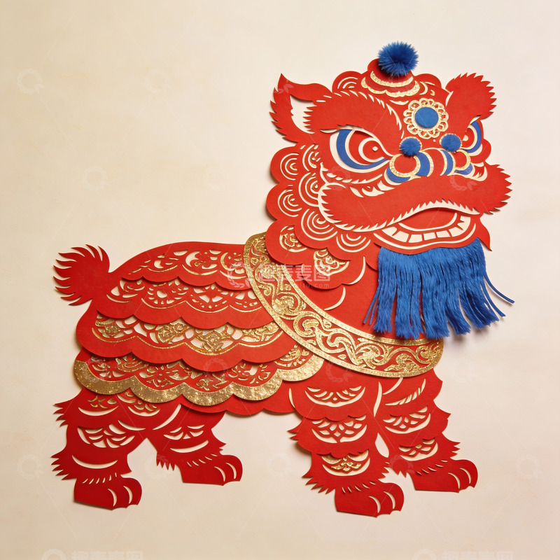 高清大图下载【趣麦麦图】红色剪纸舞狮栩栩如生