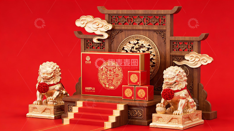 高清大图下载【趣麦麦图】中式礼盒与石狮摆件展示