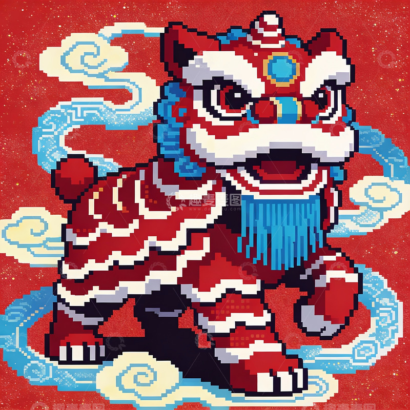 高清大图下载【趣麦麦图】红色背景上的舞狮像素艺术图