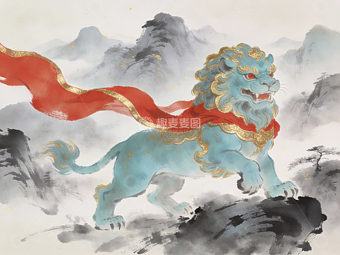 蓝色神兽披红绸云山背景画