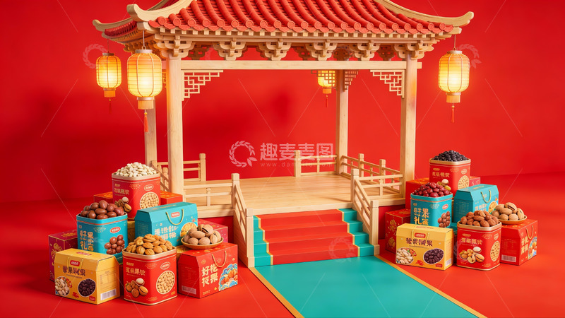 高清大图下载【趣麦麦图】中式亭台前摆放坚果礼盒