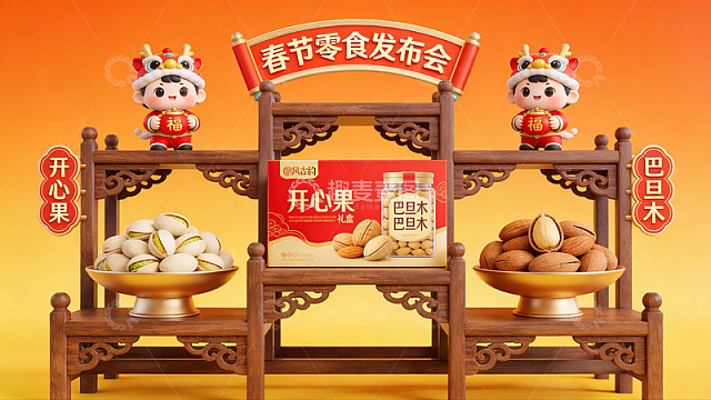 春节零食发布会展示开心果与巴旦木