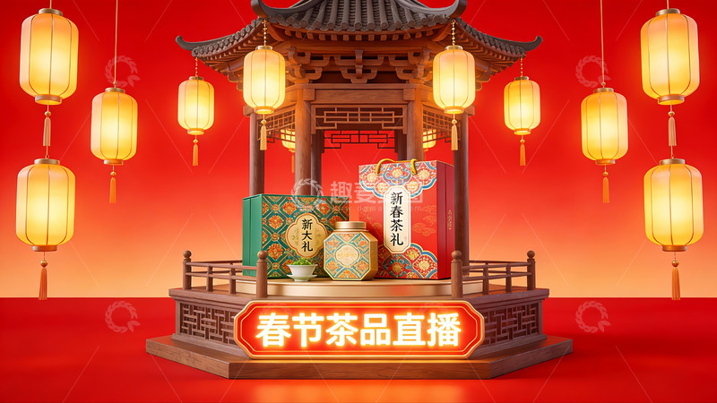 高清大图下载【趣麦麦图】春节茶品直播宣传场景