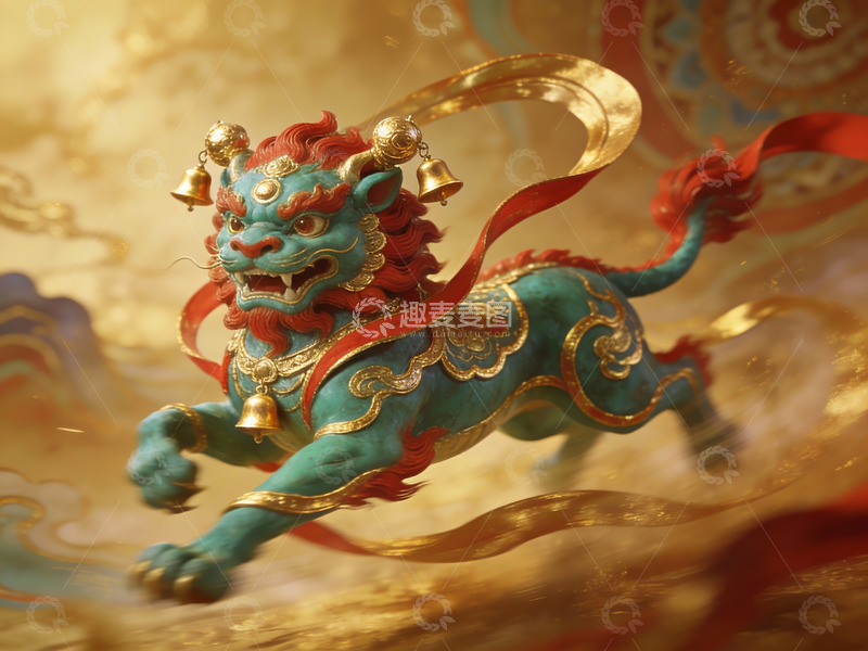 高清大图下载【趣麦麦图】蓝色神兽飞奔祥云之上