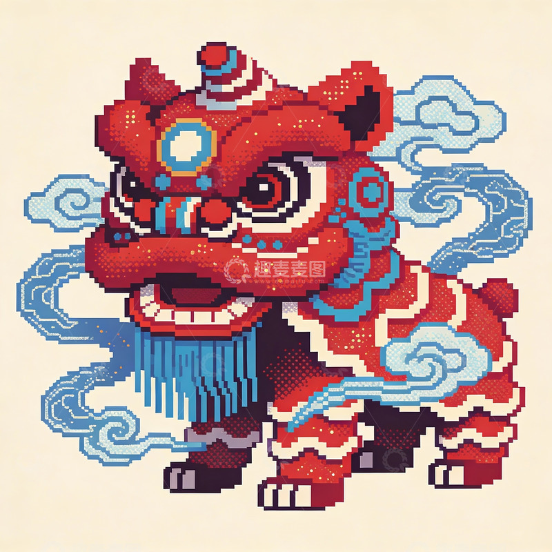 高清大图下载【趣麦麦图】像素风格舞狮艺术插画