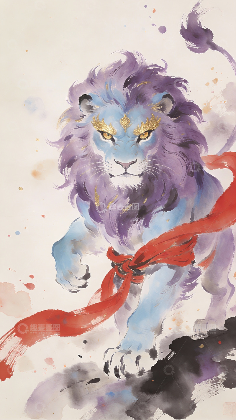 高清大图下载【趣麦麦图】水墨风格蓝色狮子图