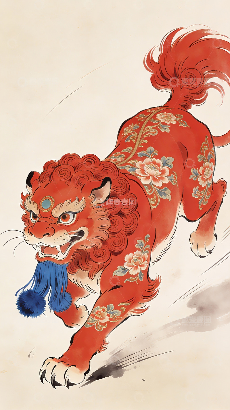 高清大图下载【趣麦麦图】红色祥狮图案绘画