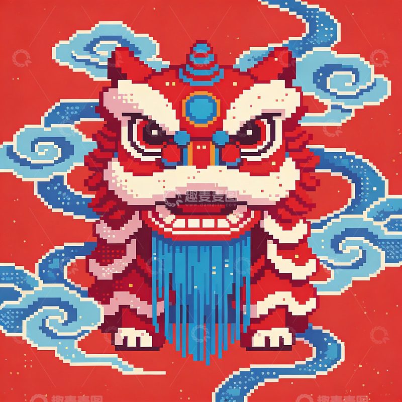 高清大图下载【趣麦麦图】红色背景上的舞狮像素艺术图