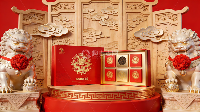 高清大图下载【趣麦麦图】中式礼盒与石狮摆件展示