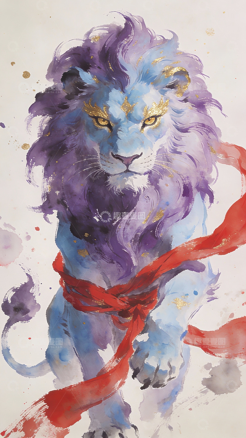 高清大图下载【趣麦麦图】梦幻蓝紫狮子艺术画