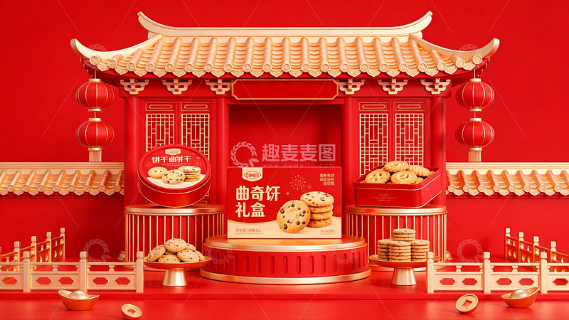 高清大图下载【趣麦麦图】中式建筑风格曲奇礼盒展示