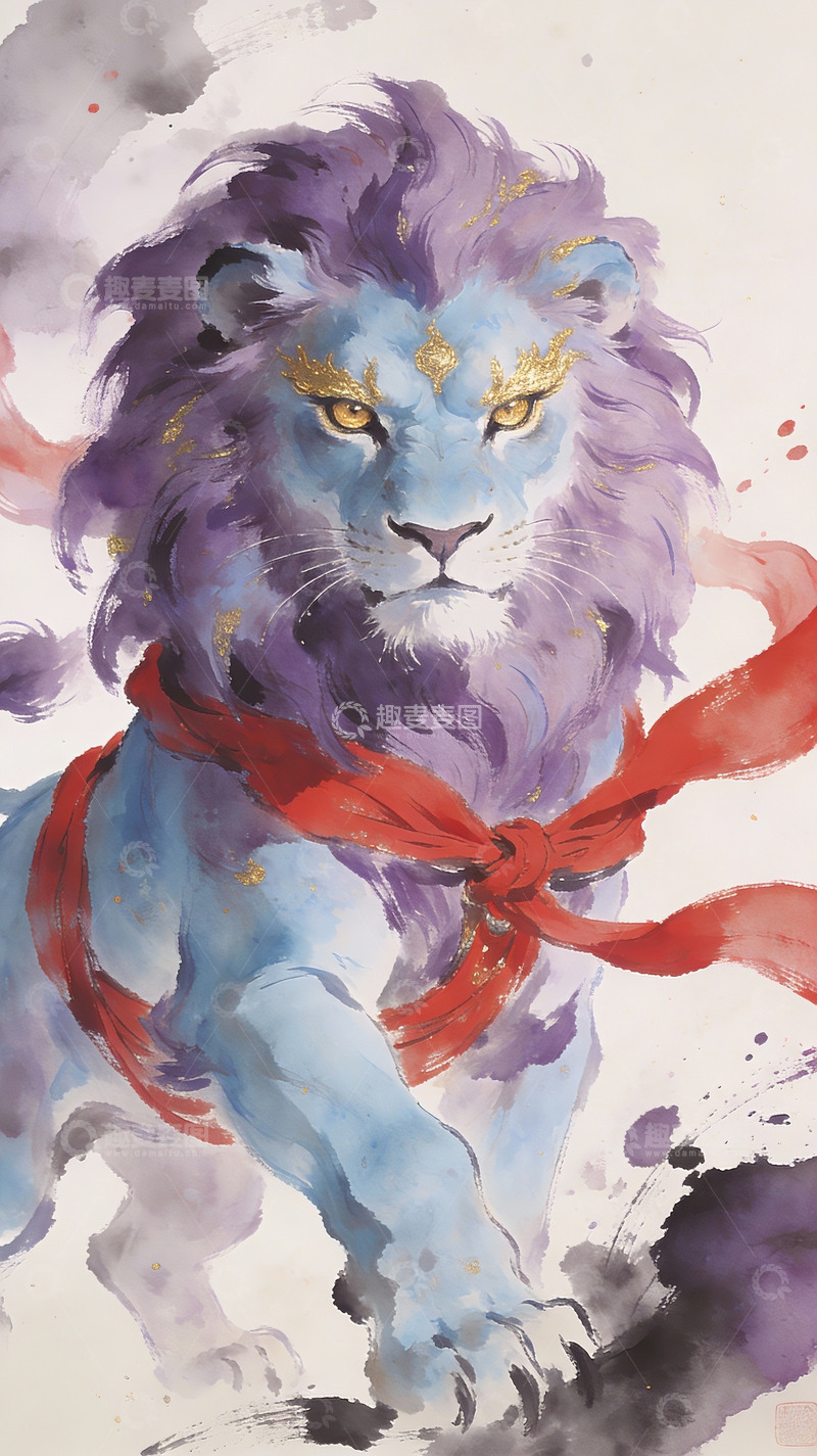 高清大图下载【趣麦麦图】蓝紫雄狮系红绸水墨画
