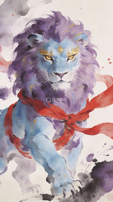 蓝紫雄狮系红绸水墨画
