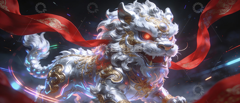 高清大图下载【趣麦麦图】银金神兽狮子光影飘带