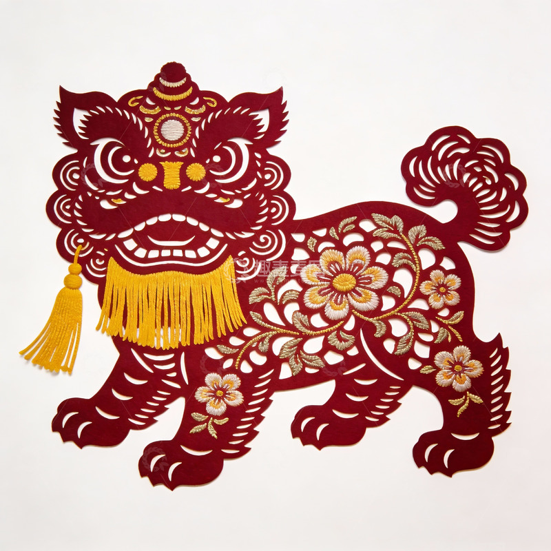 高清大图下载【趣麦麦图】红色剪纸狮子花饰图案