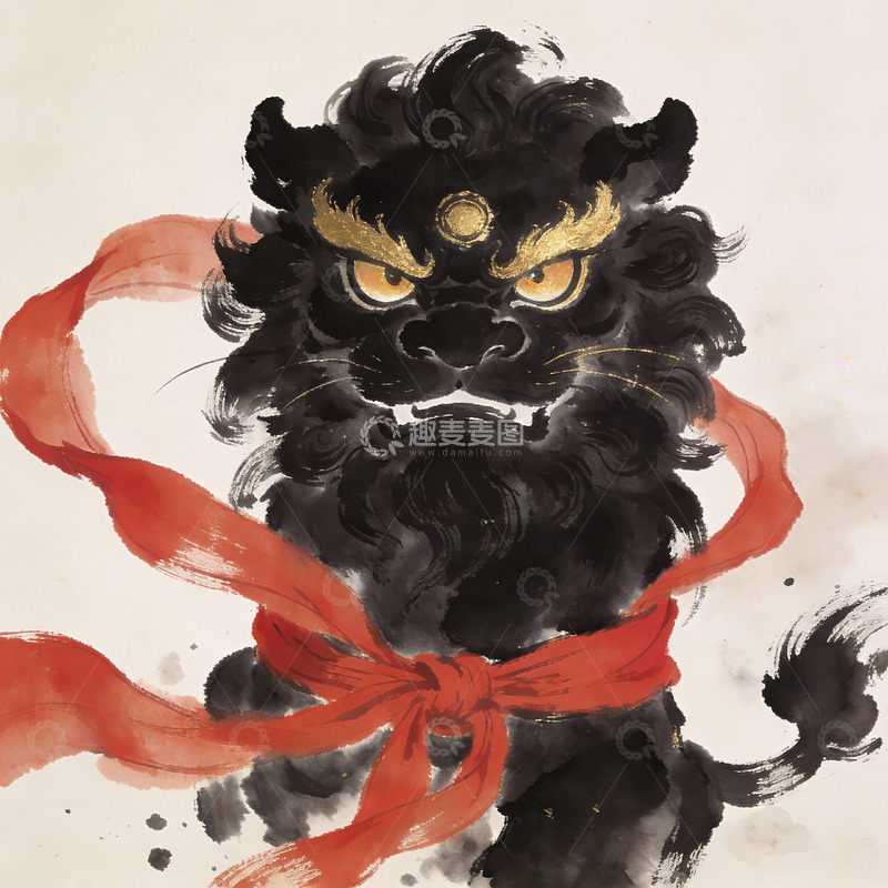 高清大图下载【趣麦麦图】水墨画中的黑狮与红绸