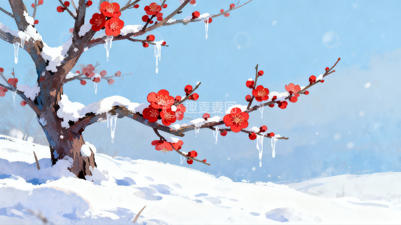 高清大图下载【趣麦麦图】雪中红梅绽放