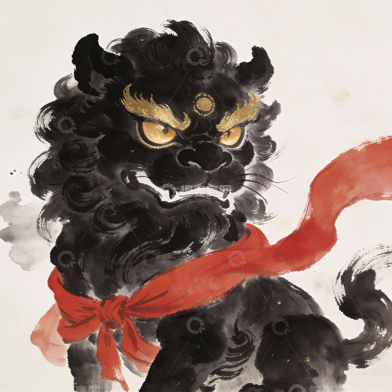 高清大图下载【趣麦麦图】水墨画中的黑狮与红绸