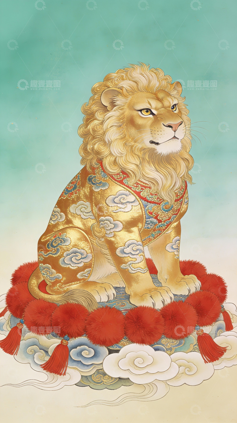 高清大图下载【趣麦麦图】金色祥狮云端端坐华丽服饰