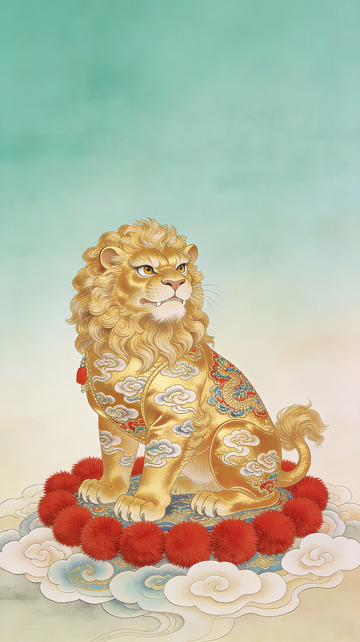 金色祥狮云端端坐华丽图案