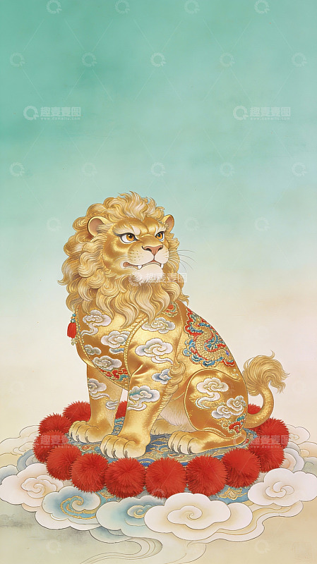 金色祥狮云端端坐华丽图案
