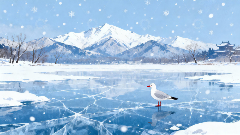 高清大图下载【趣麦麦图】雪景冰湖海鸥伫立